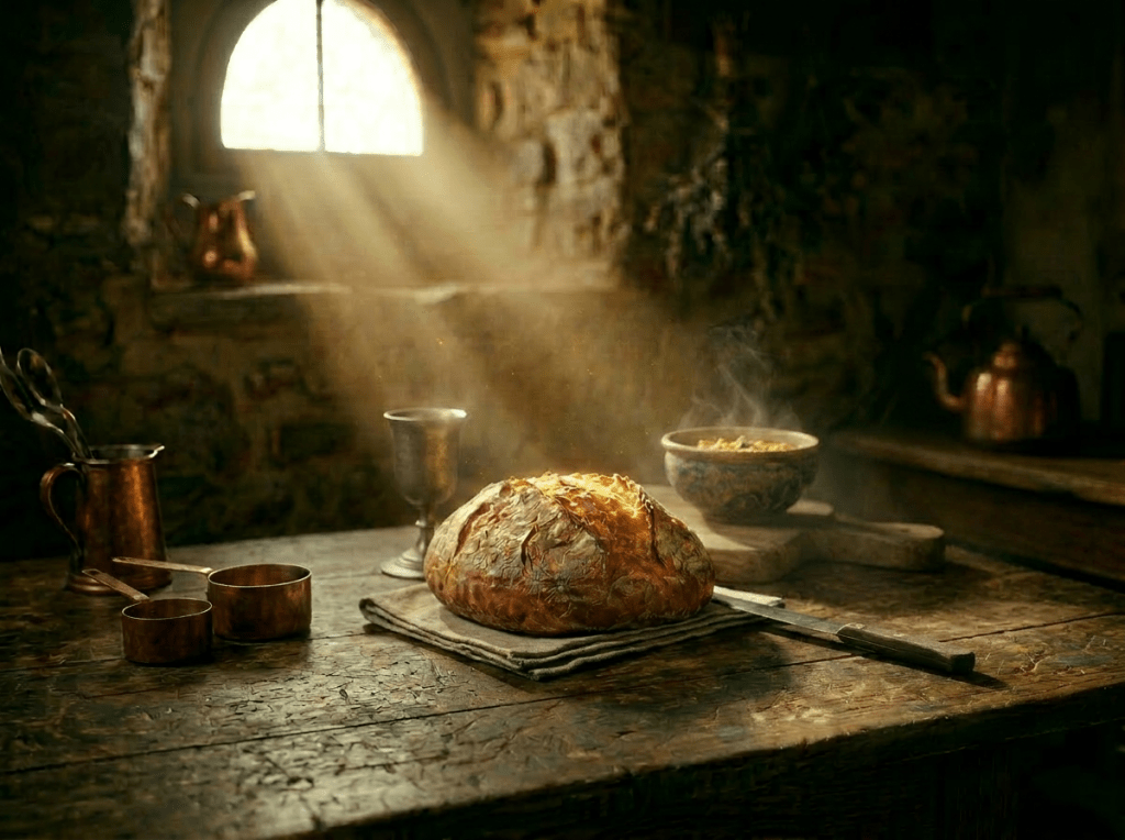 Loaf of crusty bread and a steaming cup of coffee on a wooden table with sunlight